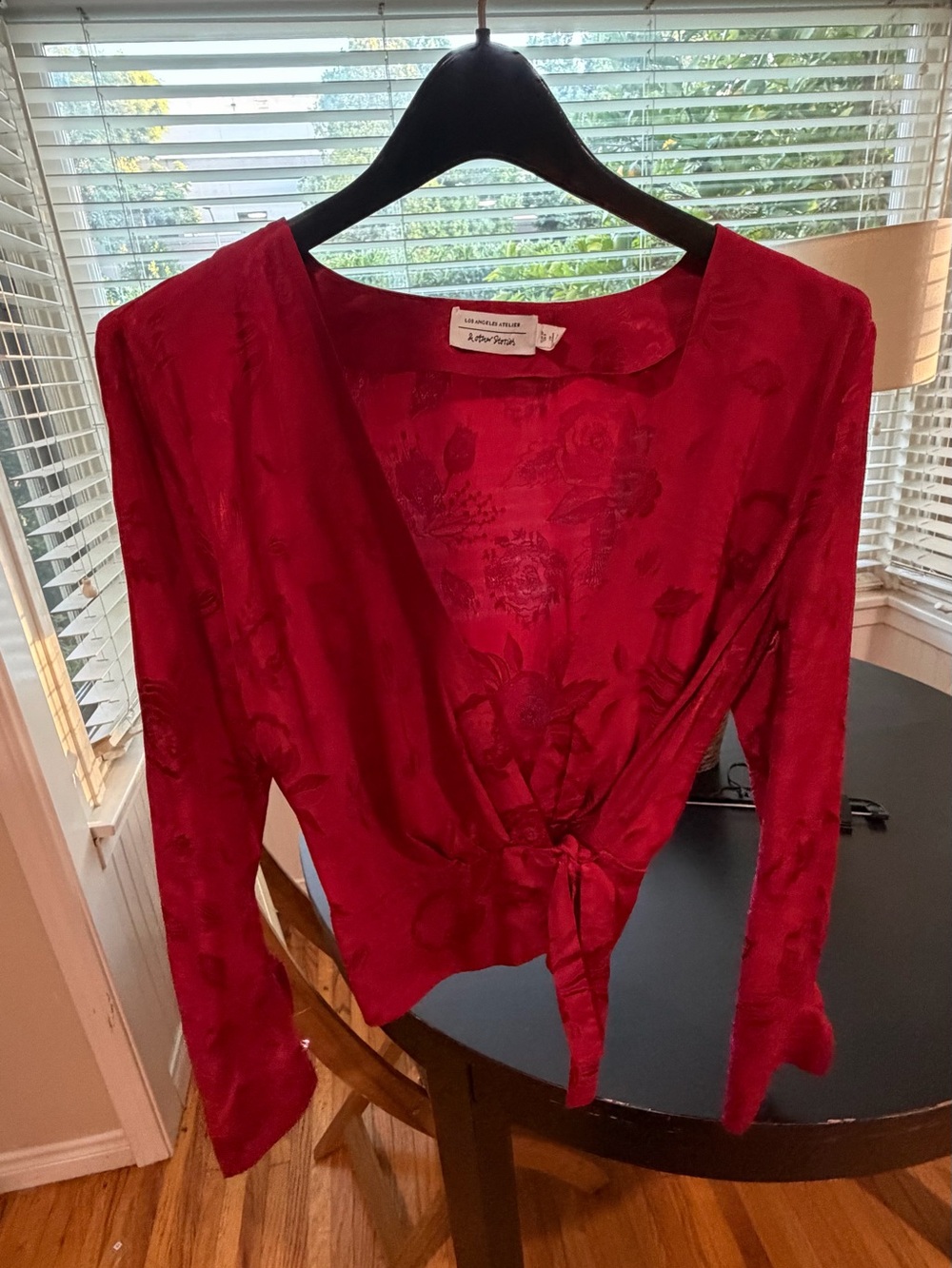 & Other Stories Deep Red Satin Floral Wrap Blouse